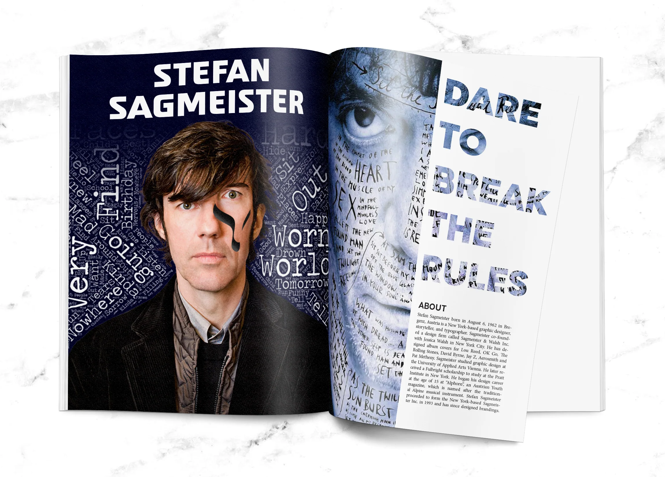 כפולת עמודים במגזין על המעצב Stefan Sagmeister
